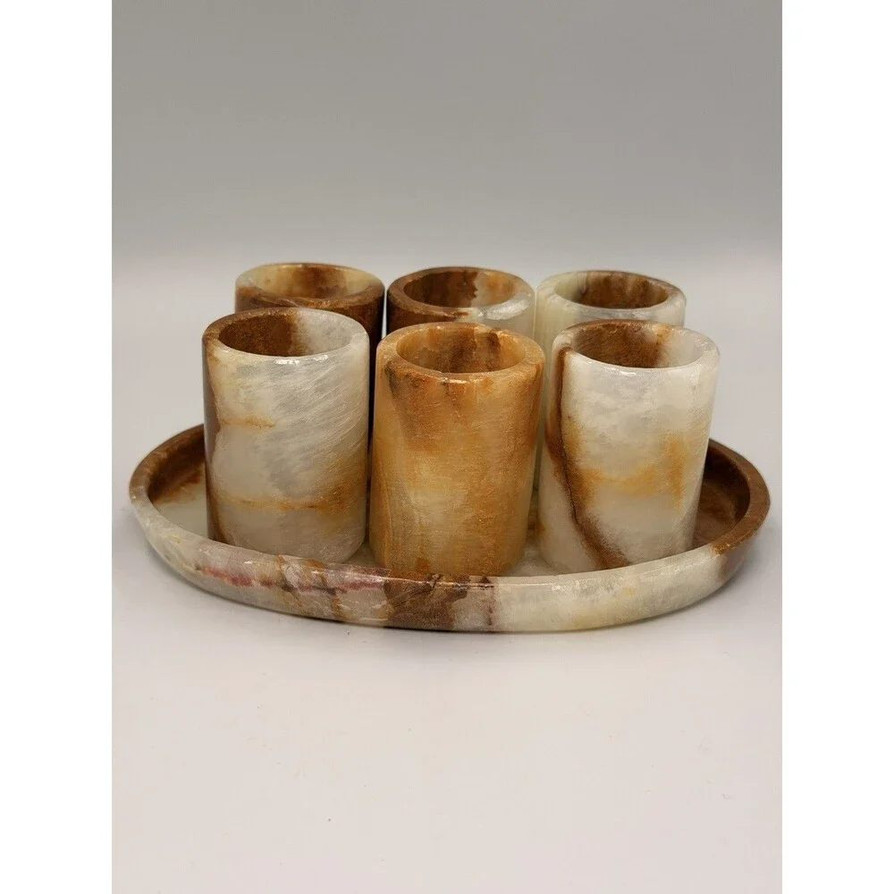 Vintage Banded Onyx Stone Shot Glass Set 6 Tequila Sake Cups w/ 7
